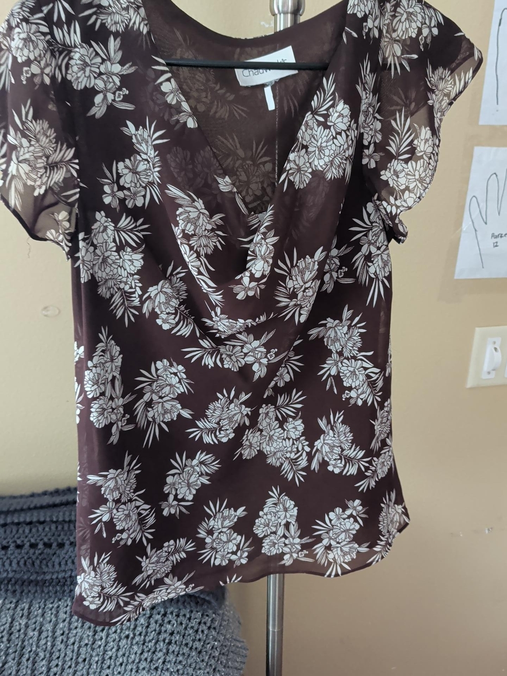 Chadwicks Brown Floral Cowl-Neck Short Sleeve Blouse